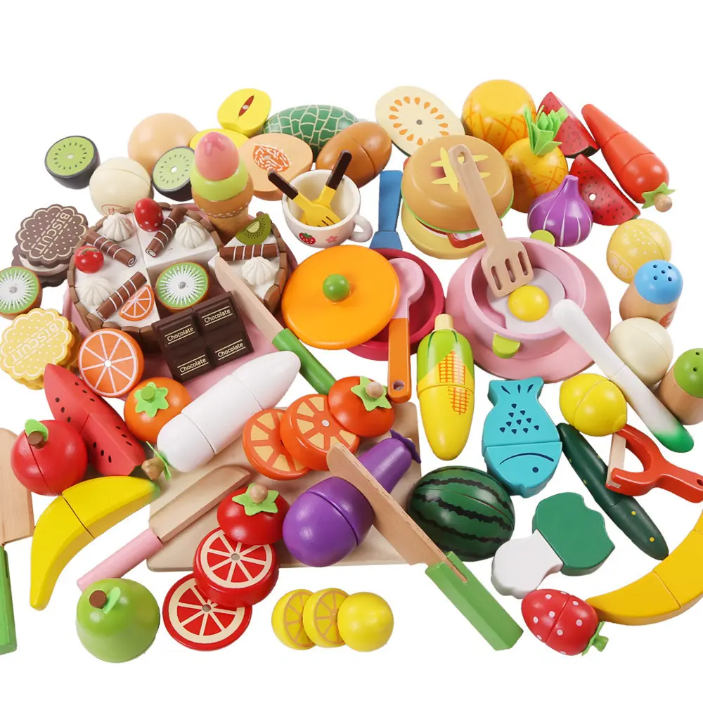 Simulasi Anak-anak Kayu Magnetik Makanan Penutup Memotong Sayuran Buah Mainan Dapur
