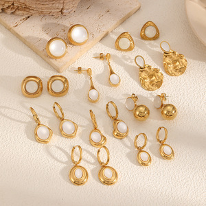 Geometric <b>Cat</b> Eye Stainless Steel Drop Earrings 18K Gold Bezel Setting Everyday Wear - Product Image 1