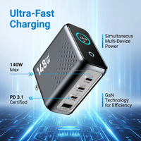 Chargeur rapide GaN 140W 2026 avec affichage LED en temps réel, adaptateur multiport PD pour ordinateurs portables, tablettes et téléphones universels à charge rapide