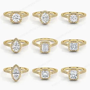 Permanente personalizado Real Gold Jewelry Factory Compromiso Wedding Halo Ring 9K 10K 18K 14K Gold Ring VVS Moissanite para mujeres
