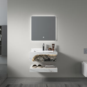 Mueble de baño moderno de doble capa Mable Rock Slate, mueble de lavabo ovalado con iluminación, juego de baño para hotel y escuela - Product Image 5