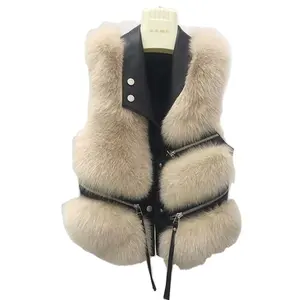 Fashion Women PU Leather Fur Moto Biker Vest Patchwork Faux Fur Vest