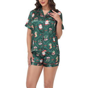 Ensemble <span class=keywords><strong>de</strong></span> <span class=keywords><strong>pyjama</strong></span> en satin pour femmes avec imprimé <span class=keywords><strong>de</strong></span> Noël, manches courtes et short, motif Père Noël, taille plus, vêtements <span class=keywords><strong>de</strong></span> nuit pour les fêtes - Product Image 2