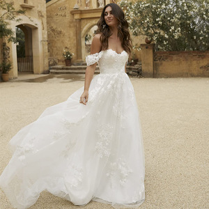 Off The Shoulder Strapless Ivory White Wedding Dress A Line Chiffon With Embroidery Floral Print Natural Waistline - Product Image 1