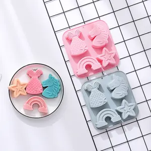 4腔独角兽美人鱼形状硅胶蛋糕模具巧克力饼干糖果装饰DIY烘焙模具