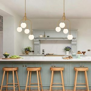 באמצע המאה המודרנית חדר אוכל תליון תאורה זהב נברשת כדור מתכת עם זכוכית חלב גלובוס e12 בסיס מנורת ברזל - Product Image 5