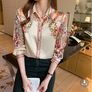 OEM/ODM Customized Print Women's Button Down Shirt Casual Ladies Tops Turn Down Collar Long Sleeve Blouse Top For Women