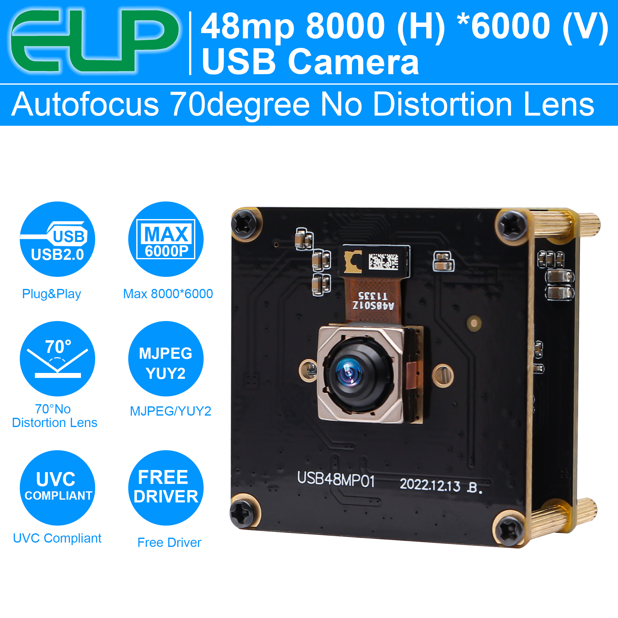 ELP 48MP USB カメラ オートフォーカス 歪みなしレンズ 高速 8000