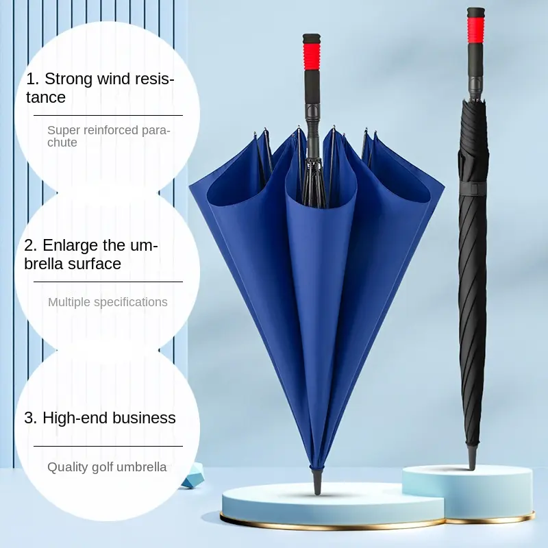स्टॉक सप्लाई छाता में 8-बोन डबल-लेयर ऑटोमैटिक बिजनेस स्ट्रेट गोल्फ लॉन्ग हैंडल विज्ञापन
