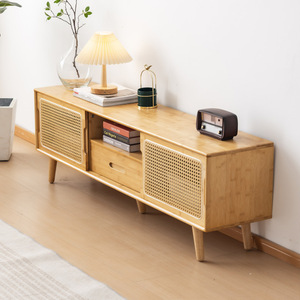 Meuble TV en bois massif avec portes en osier, rangement, meubles de salon, design moderne minimaliste - Product Image 2