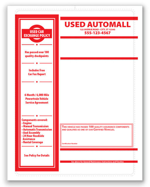 Custom Printed Full Color Digital Paper-Backed Car Dealer Laser Window Stickers 8-1/2" X 11"