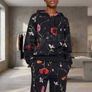 Sweat-shirt à capuche imprimé floral pour femmes, manches longues, tricoté, style décontracté, style automne, avec poches - Product Image 2