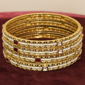 Traditional Imitation Trendy Slim Gold Plated Brass Bangle Set White Pearls Pink <b>Ruby</b> Stones for Women Girls Wedding Set 4 - Product Image 3