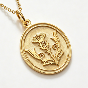 Medalla Circular Chapada en Oro con Diseño de Cardo y Patrón Floral en Relieve, Amuleto de Recuerdo - Product Image 4