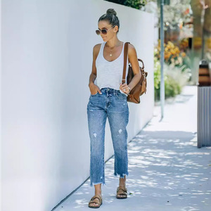 Jeans de <span class=keywords><strong>Mujer</strong></span> de Cintura Alta, Corte Ajustado, Pierna Ancha, Impermeables, Lavado Claro, Algodón, Cómodos, Estilo Casual - Product Image 3