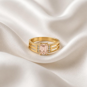 <b>Emerald</b> Cut Pink Morganite Engagement <b>Ring</b> Handmade Triple Split Shank <b>Ring</b> 925 Sterling <b>Silver</b> with 18K Gold Filled Finish Gift - Product Image 3