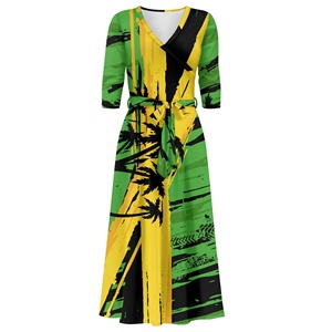 Jamaica Flag Jamaican Design Women's Floral Print Maxi Dresses Summer Casual <strong>3</strong> 4 Sleeve V-Neck Wrap Tie Waist Long Dress S-5XL - Product Image 4