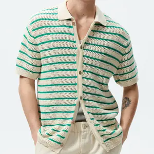 Summer New Sweater Striped Shirt Casual Ice Silk Viscose Fiber POLO Shirt Men's Short Sleeve Cardigan