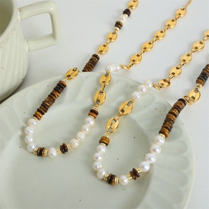 Parures de bijoux tendance pour femmes et jeunes filles en acier inoxydable avec pierre œil de tigre et perles d'eau douce - Product Image 4