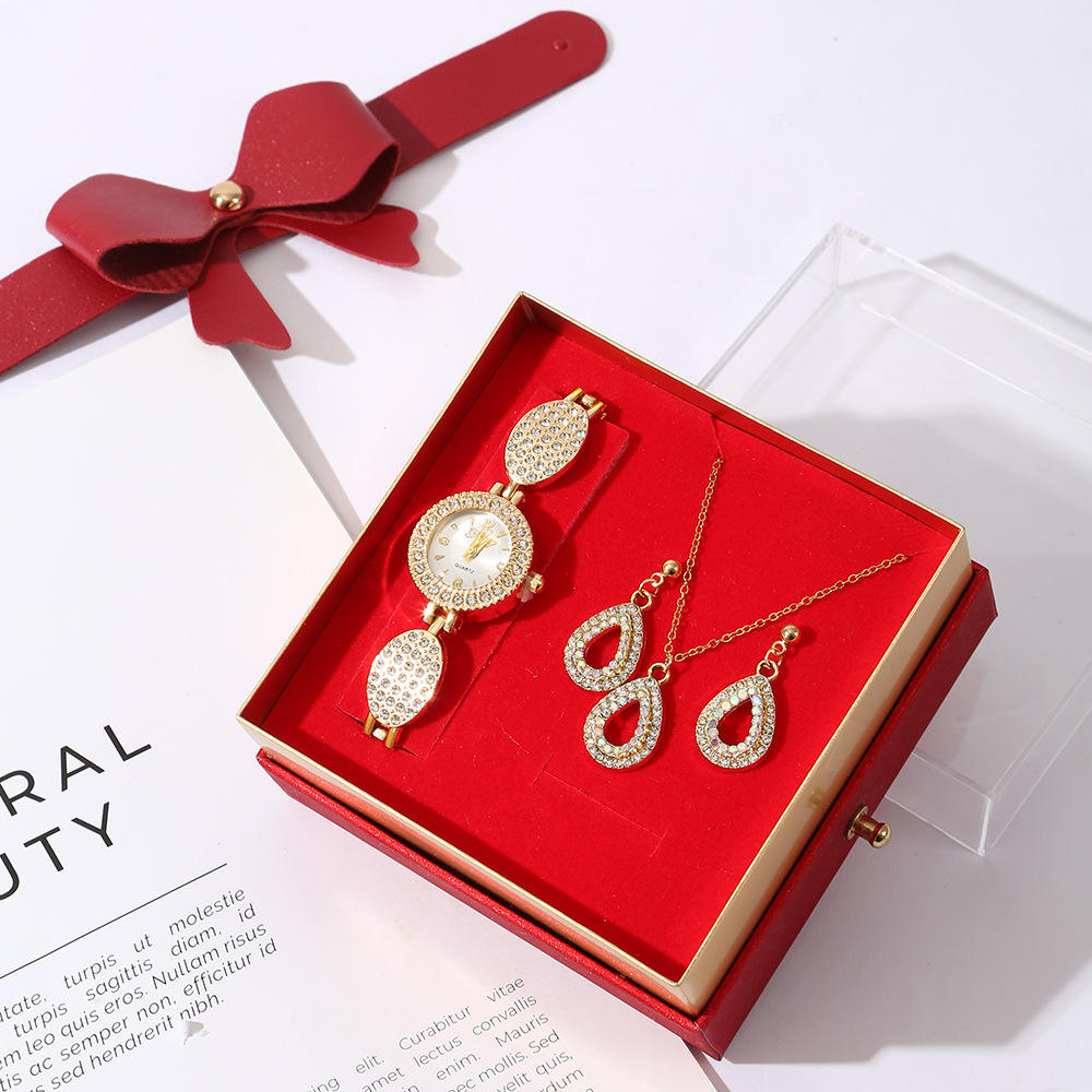 Stainless steel ornament -- [w2993-1] 4-piece set (Watch + necklace + ear studs + Gift Box)