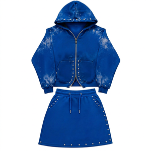 Ensemble de sweat-shirt à capuche bleu pour femmes, 2 pièces, avec décoration en strass, vêtements de sport décontractés, manches longues, tricoté, coupe régulière - Product Image 1