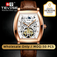Fabricant de montres personnalisées TEVISE, montre mécanique squelette automatique de luxe pour homme avec bracelet en cuir, étanche