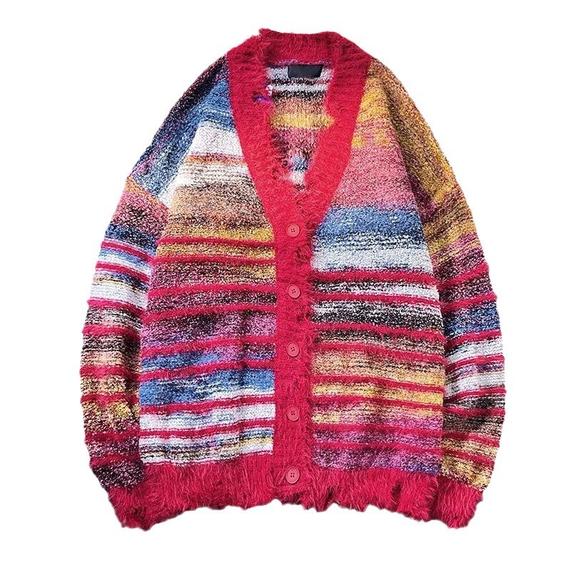 Custom Men's Mohair Pullover Cardigan Long Sleeve Winter Striped Knitted Sweater With O-Neck Collar