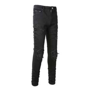 Jeans da <span class=keywords><strong>Uomo</strong></span> di Alta Qualità Firmati <span class=keywords><strong>Slim</strong></span> <span class=keywords><strong>Fit</strong></span> con Graffi e Strappi Toppa Nera Stile Vintage Hip Hop all'Ingrosso - Product Image 2