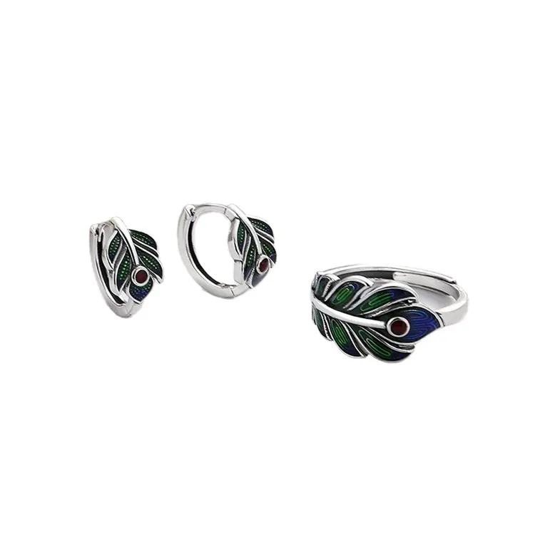 925 Sterling Zilveren Druppel Lijm Kleurrijke Pauw Veren Ring Oorbel Set Wenyi Sen Serie Landelijke Dames Sieraden