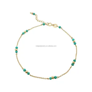 18k véritable or naturel Turquoise pierre Bracelet minuscule perle pour dames 18K en or massif cadeau de pâques bijoux en or véritable