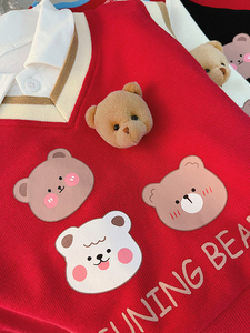 봄 가을 아기 남자아이 옷 세트 긴팔 흰색 셔츠 곰 조끼 바지 3종 세트 도매 아동복 - Product Image 5
