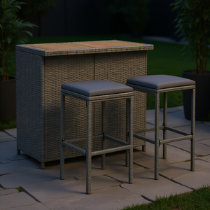 Conjunto de Bar de Madera Maciza de Acacia con Ratán y Acero Gris, Muebles de Bar para Exteriores, Diseño Rectangular Moderno y Contemporáneo - Product Image 2