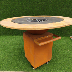 Parrilla de Barbacoa Moderna con Base de Acero Corten, Acabado Mate, Brasero para Exteriores con Base de Madera y Ruedas - Product Image 5