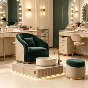 Equipo de Salón de Uñas 2026, Mesa de Manicura Doble Moderna de Madera Acanalada Vintage con Detalles Dorados - Product Image 5