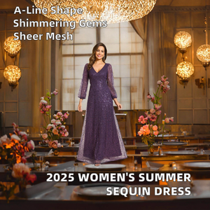 Nouvelle Robe de Soirée Hiver 2025 pour Femme, Style Européen et Américain, en Cachemire, à Taille Naturelle, Manches Lanterne, Col en V, avec Maille et Paillettes, Coupe Trapèze et Traîne - Product Image 2