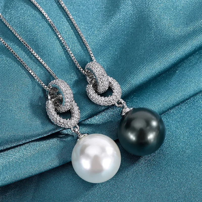 New Charms 14mm Black White Big Pearl Pendant Chains Necklace for Women Lab Diamonds Elegant Anniversary Gift Party Fine Jewelry