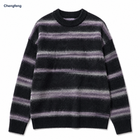Pull en maille tricotée à rayures horizontales dégradées rétro pour homme, col rond, épaules tombantes, manches longues, effet duveteux, vente en gros