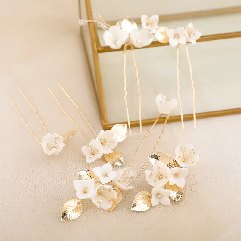 Hair Accessories Women Bridal Light Gold Ceramic Flower Earrings Women 2022 Wholesale Bridal Hair Accessories