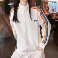 Blouson Bomber Authentique d'Importation PA Streetwear à Rayures Arc-en-ciel Imprimées, Respirant, Ample, avec Fermeture Éclair, Motif Palmier Rétro