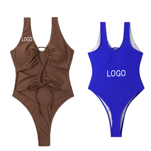 Maillot de bain une pièce sexy couleur unie avec string, taille haute, séchage rapide, écoresponsable, en Spandex/Polyester pour femme - Product Image 1