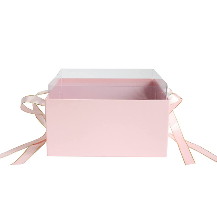 Luxury Square Presentation Gift Box White Print with Transparent Top Double Layer Interior White and Gold Satin Ribbon Handles