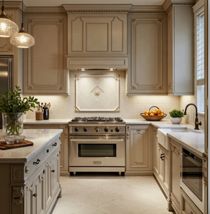 Armoires <span class=keywords><strong>de</strong></span> <span class=keywords><strong>cuisine</strong></span> encastrées élégantes avec moulures dentelées |   <span class=keywords><strong>Hotte</strong></span> <span class=keywords><strong>de</strong></span> <span class=keywords><strong>cuisine</strong></span> et évier <span class=keywords><strong>de</strong></span> style farmhouse en acier inoxydable - Product Image 1