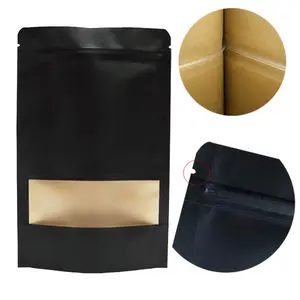 Stand Up Zipper Black Kraft Paper Resealable Ziplock Heat Sealable Food Storage Doypack Packaging Bag Food With Clear Window