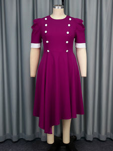 AM050220 <span class=keywords><strong>Abito</strong></span> Casual da Donna <span class=keywords><strong>Estivo</strong></span> Viola con Colletto Tondo, Maniche a Sbuffo, <span class=keywords><strong>Doppiopetto</strong></span> e Gonna Plissettata a Lunghezza Media - Product Image 4