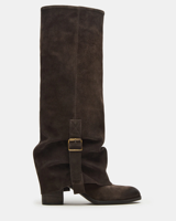 Bottes hautes en daim marron pour femme, style western cowboy, à enfiler, talon épais, pliables, avec boucle