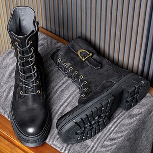 Zapatos de hombre de invierno, de cuero genuino, negros, versátiles, de media caña, estilo motociclista, botas de tendencia de estilo retro de alta gama. - Product Image 3