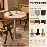 Table de café ronde en pierre frittée, bord en chêne massif, piétement en acier inoxydable, mobilier commercial minimaliste naturel pour café, OEM