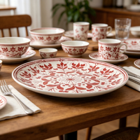 Ensemble de bols et assiettes en céramique rouge terre cuite à motifs floraux imprimés à la main, style bohème, vaisselle pour la maison, le restaurant, le camping et les cadeaux
