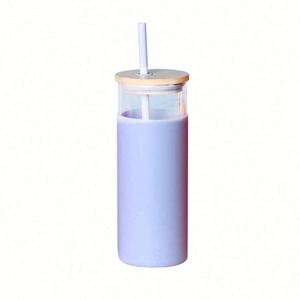 Modern Straw Bamboo Lid Glass Travel Mug, Large Capacity, Sustainable, Customizable Color Glass <b>Drinkware</b> - Product Image 4