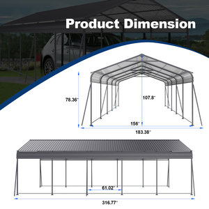 Abri de voiture en métal robuste 13X26,5 pieds avec toit en acier galvanisé, couleur grise, pour le stationnement de voitures, bateaux, camions, utilisation en extérieur - Product Image 6